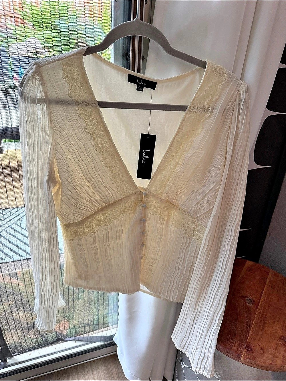 Lulus Composed Crush Cream Pleated Lace Mock Neck Button-Up Top White XL brand (